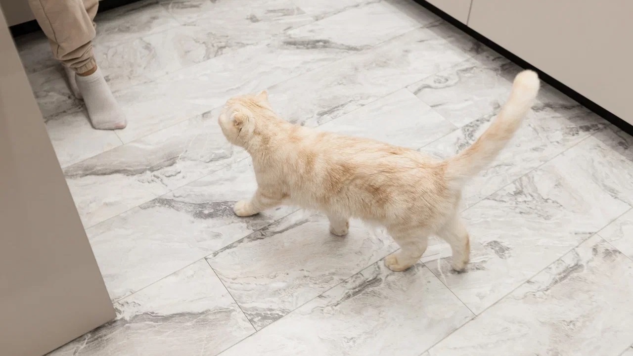 Кот Манчкин на ламинате Stone Floor